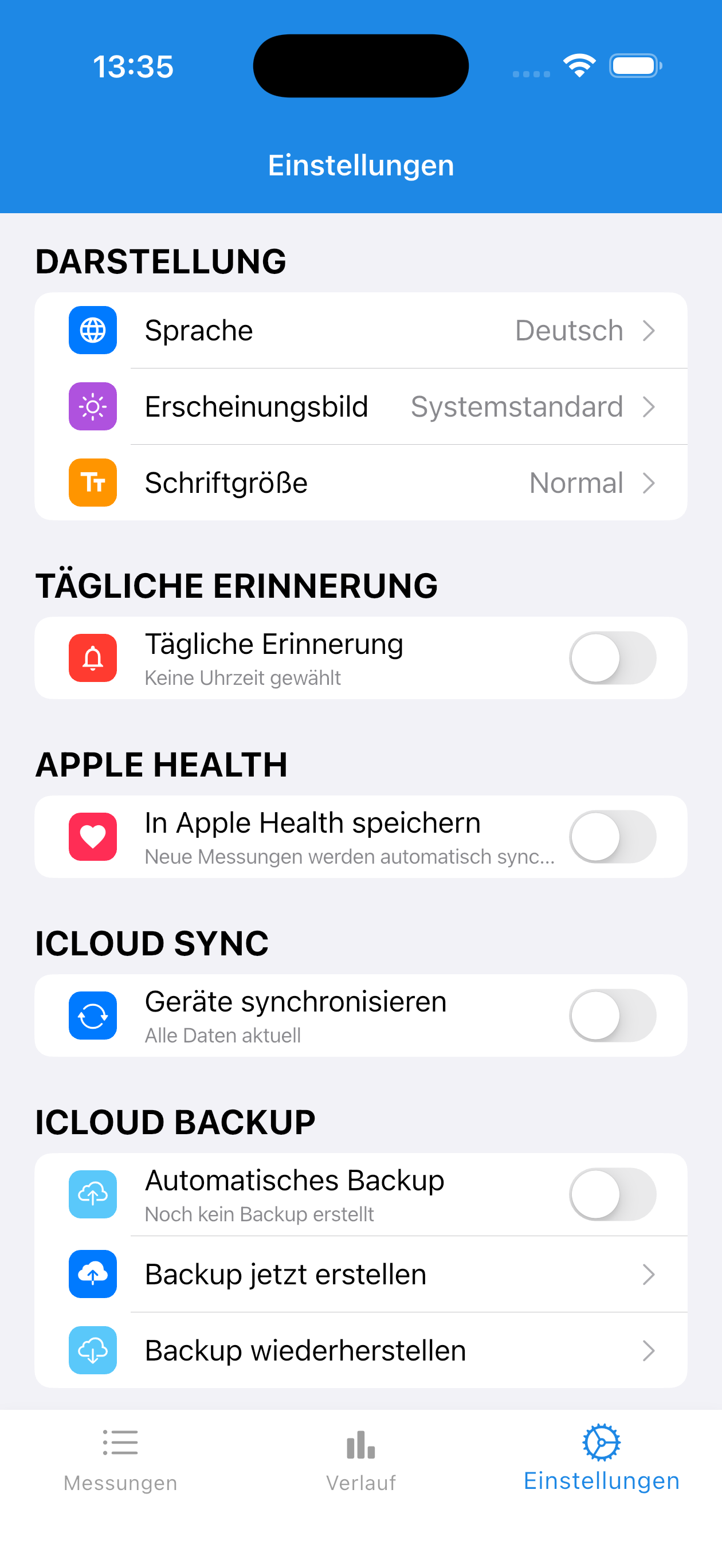 Einstellungen mit iCloud Backup